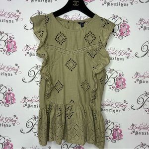 Buffalo crochet boho khaki green tank top ruffle frills Aztec pattern top shirt